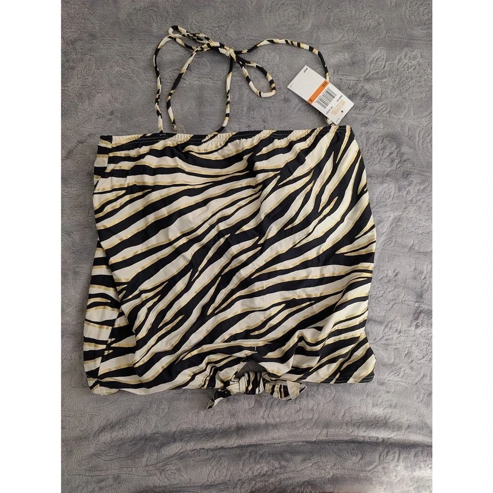 MICHAEL KORS‎ Zebra Print Halter Neck Swim Top  Black White Gold Size S NEW